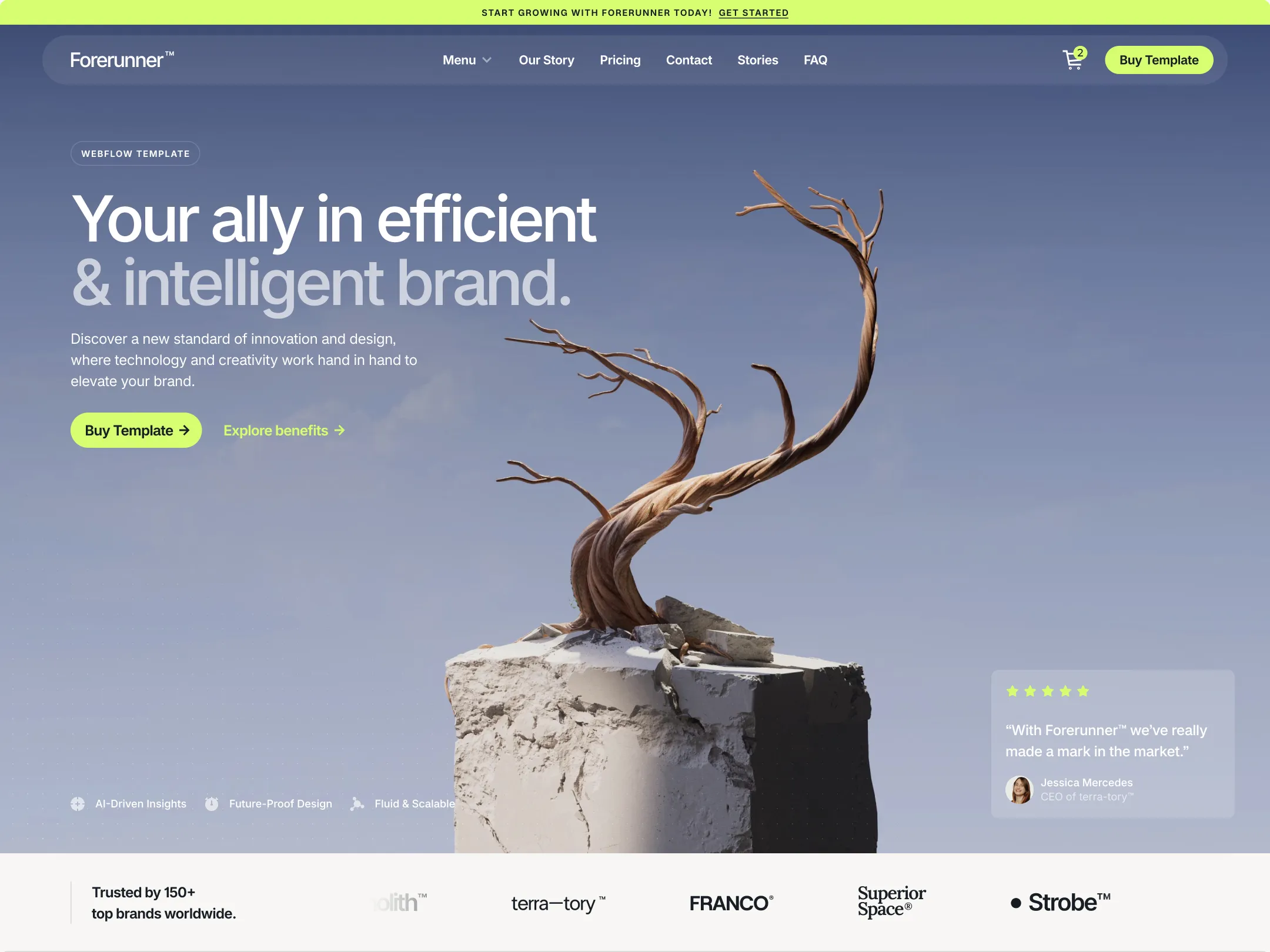 Forerunner template homepage with tree sculpture hero